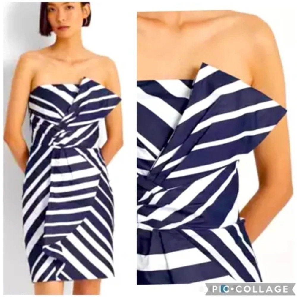 Lauren Ralph Lauren Navy White Striped Taffeta Strapless Cocktail Dress Size 16